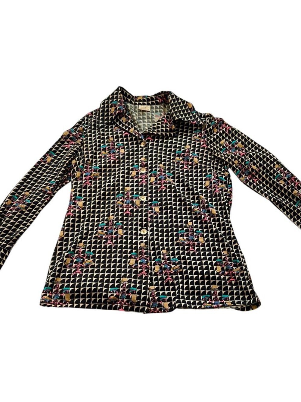 Vintage button up shirt Medium long sleeve big collar geometric print 70s